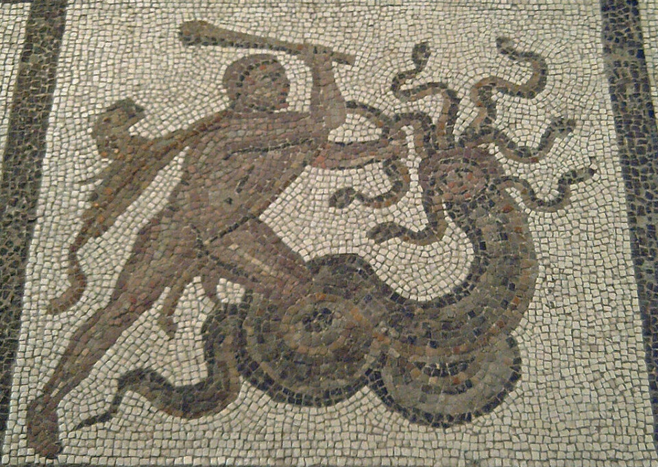 En mosaikk i Spania som viser Herkules som slåss mot et sjøuhyre. Mosaikken ble laget en gang på 300-tallet.