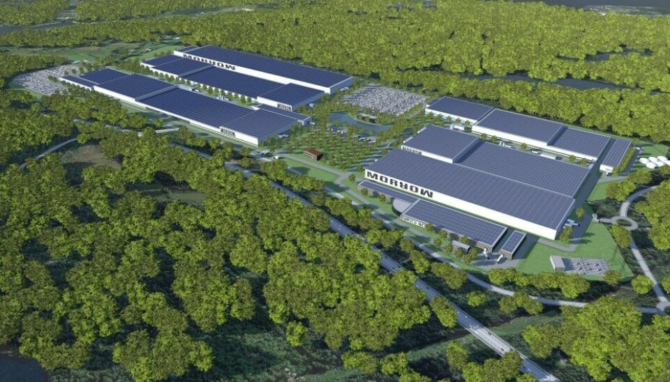 Slik kan Morrows planlagte battericellefabrikk se ut når den er ferdig utbygd på Eyde Energipark. Tomta er på 940.000 m2.