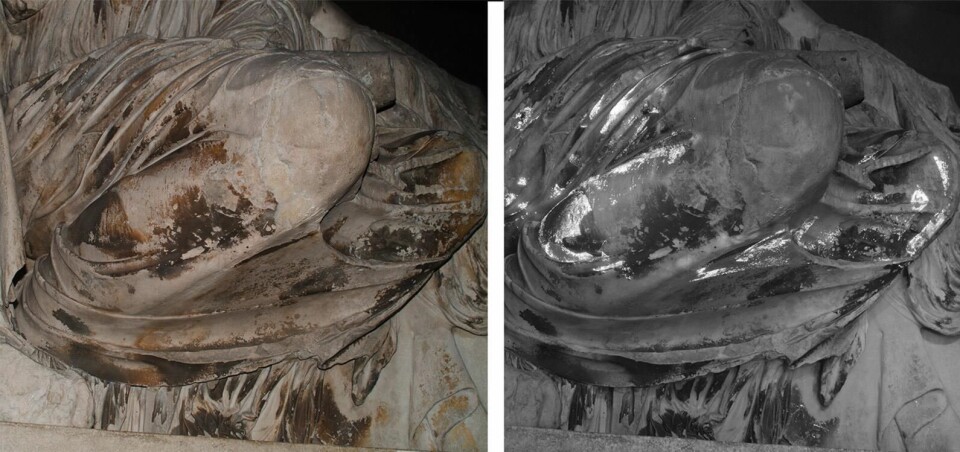 Eksempel på funn av egyptisk blått. Dette er et kne på en av statuene fra samlingen fra Parthenon. Bildet til høyre viser spor av egyptisk blå der det er svært lyse felt.