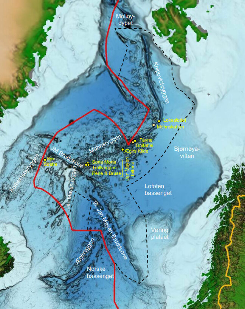 De gule prikkene viser hvor et utvalg hydrotermiske felt utenfor Norges kyst befinner seg.