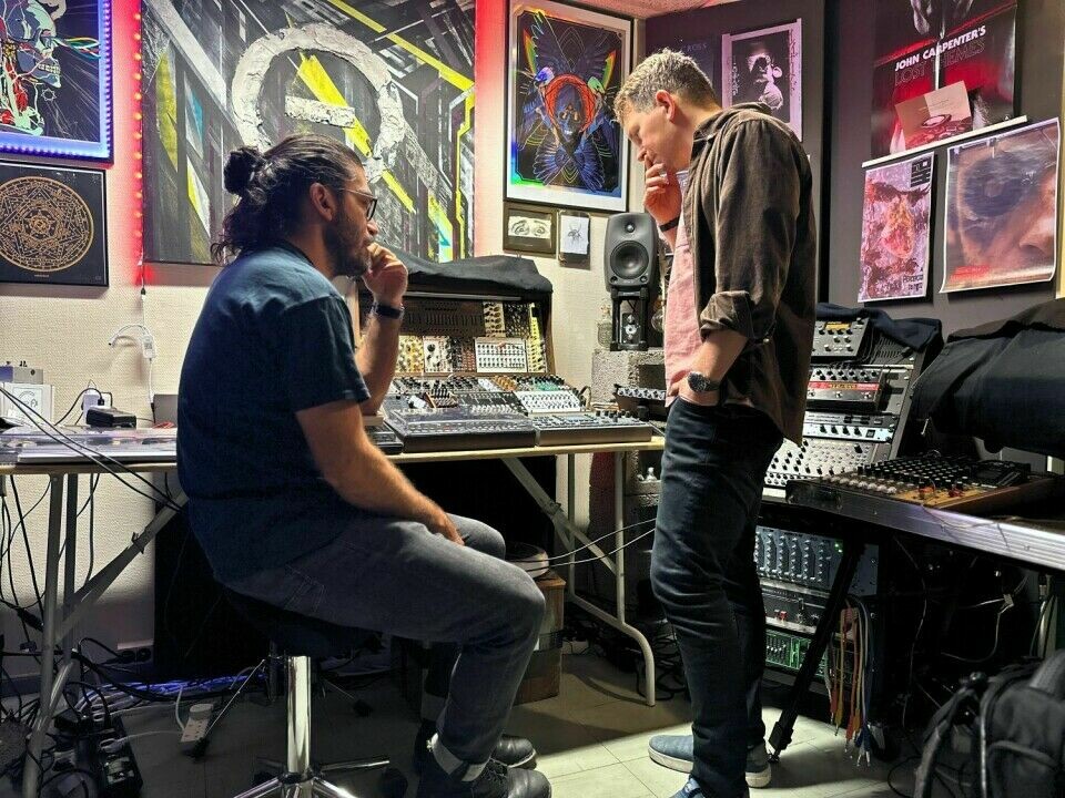 From right: Runar Gjerp Solstad and Themistoklis Altintzoglou in the studio.
