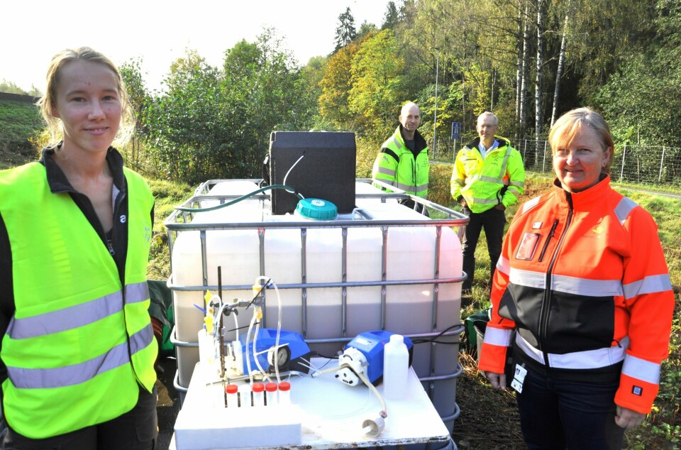 Den nye rensemetoden som testes ut, skjer i tett samarbeid med student Hanna Marie Kjernsby (til venstre). Til høyre står forskerne Hans-Christian Teien og Roger Roseth, og Lene Sørlie Heier i Statens vegvesen.