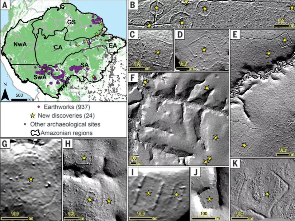 De nyoppdagede strukturene (merket med stjerner) har mange former og funksjoner, som grøfter (C), diker (D) og til og med geoglyfer, store symboler som kan ses ovenfra (B).