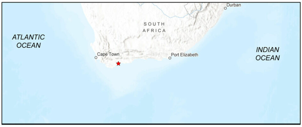 Kart over Sør-Afrika som viser plasseringen av området (rød stjerne) beskrevet i studien.