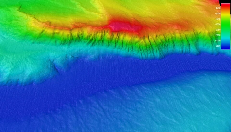 Denne dramatiske, delvis nakne fjellveggen rager rundt to kilometer opp fra havbunnen. Den befinner seg rundt 3.500 meter under havet utenfor Jan Mayen. Her er det tidligere hentet opp prøver på manganskorpe.