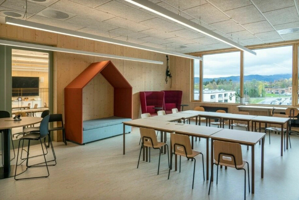 Many students appreciate colours and varied furnishings. Here is a popular piece of furniture for reading and immersion. Huseby School, Trondheim Municipality. Interior: Norconsult.