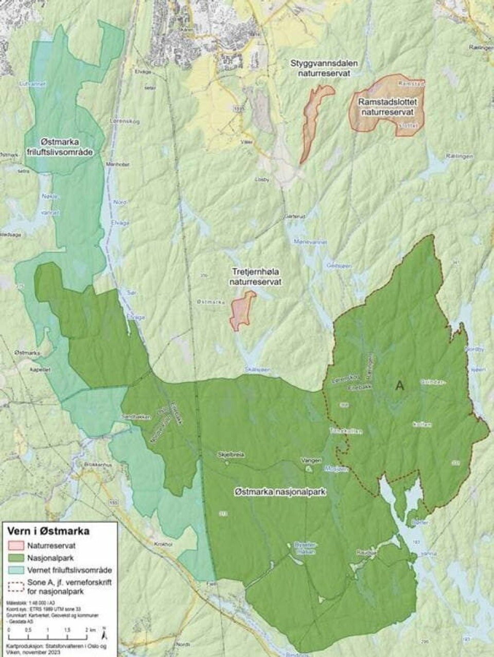 I hjertet av nye Østmarka nasjonalpark (mørkegrønt) ligger populære Vangen skistue. Det lysegrønne er det nye friluftslivsområdet, der vernet ikke blir like strengt. Oppe til venstre skimtes Oppsal og Bøler i Oslo. Nede til høyre er Børtervanna i Enebakk. I sørvest avgrenses området av Enebakkveien (riksvei 155). Øverst i kartet ligger Lørenskog.