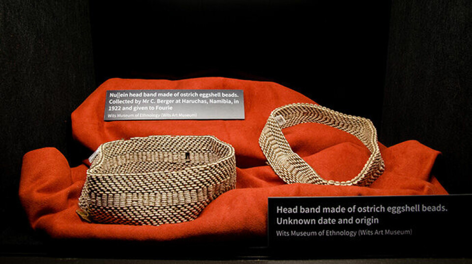 For the San people, dress and decoration played an important role in the transition to adulthood. This image shows headbands made of ostrich eggshell beads.