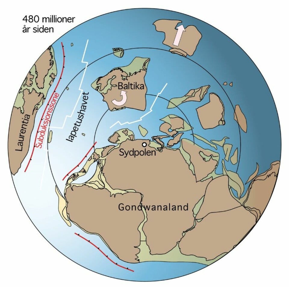 Iapetushavet mellom platen med Norge og deler av Europa (Baltika) og Laurentia (Nord-Amerika) for 480 millioner år siden.