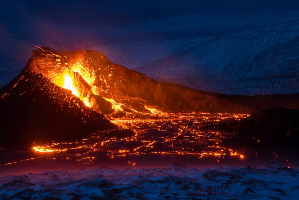 Utbruddsstedet for vulkanen Geldingadalir i fjellet Fagradalsfjall på Reykjaneshalvøya på Island.