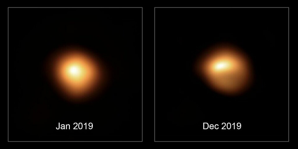 Betelgeuse sett av ESO. Bildet til høyre viser tydelig at den er mer lyssvak i desember 2019.
