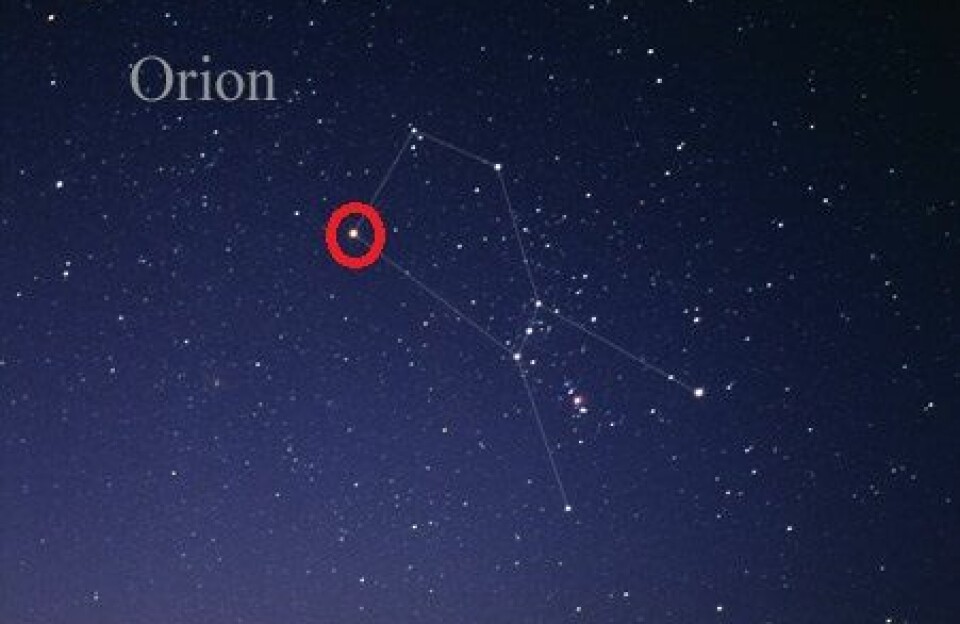 Orion med streker mellom stjernene, med rød ring rundt Betelgeuse.