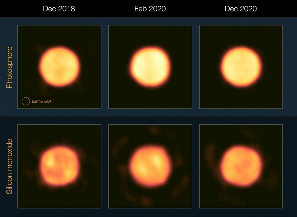 Slik har forskerne målt Betelgeuse gjennom VLTI-telekskopet gjennom hendelsen i infrarødt lys. Den øverste rekken viser Betelgesues overfalte i infrarødt lys. Legg merke til at den ser lysere ut i februar 2020, altså midt under dimme-hendelsen. Den nederste rekken viser målinger av silisiumoksid - et stoff som forskerne setter i sammenheng med støvdannelse.