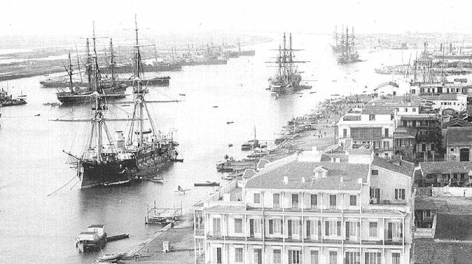 From Port Said, the Suez Canal stretches southward to the Gulf of Suez in the Red Sea. This photo from 1880 shows ships waiting to enter the canal.