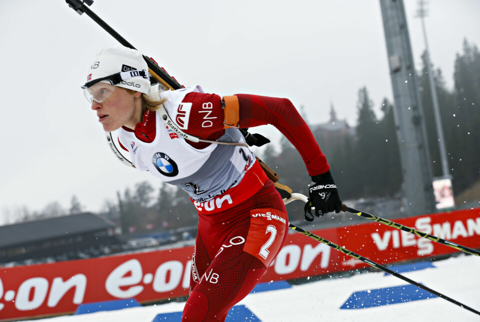 Tora Berger i 2014, under kvinnenes 10 km jaktstart i verdenscupen i skiskyting i Holmenkollen.