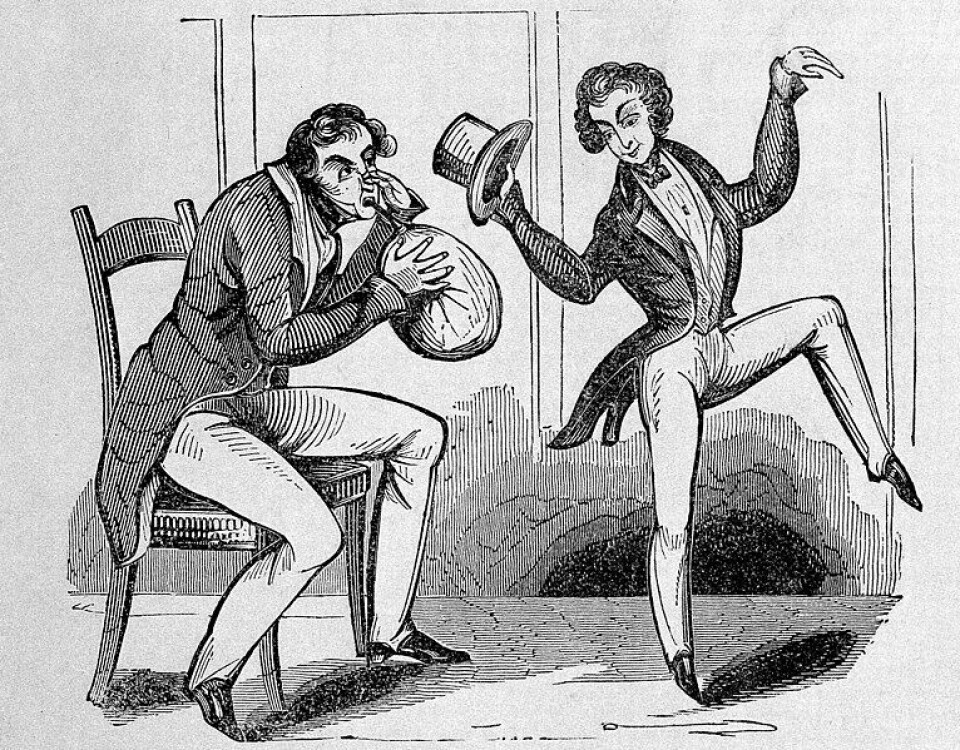 To menn inhalerer lystgass, kalt lattergass i England. Utsnitt av tresnitt fra trolig 1840.