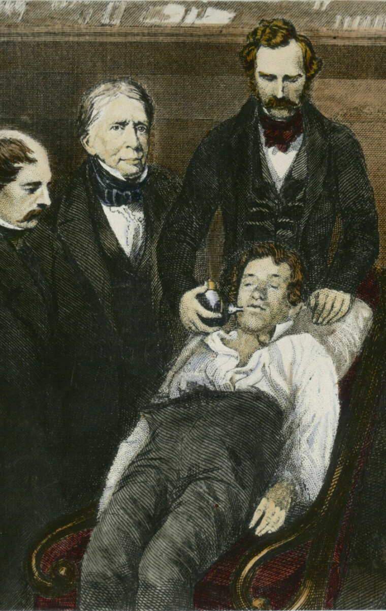 1US-72-E1846-B (281281)W.T.G.Morton, Äthernarkose beim ZahnziehMorton, William Thomas Greenamerik. Zahnarzt (zog am 30.9.1846 zumersten Mal schmerzfrei einen Zahn durchAnwendung der Äthernarkose),1819-1868.- Mortons erste Vorführung der Äther-narkose beim Zahnziehen im MassachusettsGeneral Hospital in Boston. - / Zeitgen.Kupferstich; spätere Kolorierung.E:W.T.G.Morton / Dentist / EtherMorton, William Thomas GreenAmerican dentist. On September 30, 1846he permormed a painless tooth ex-traction after administering ether.1819-1868.- Morton's famous demonstration on16.10.1846 at the MassachusettsGeneral Hospital in Boston. - / Contemp.engraving; coloured later.-
