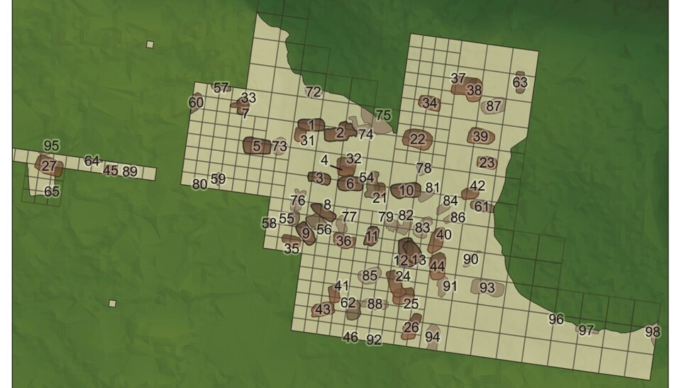 Diagrammet viser hvordan mange groper - tolket som gravplasser - ligger tett sammen på det samme stedet - dypt inne i skogen i Finland.
