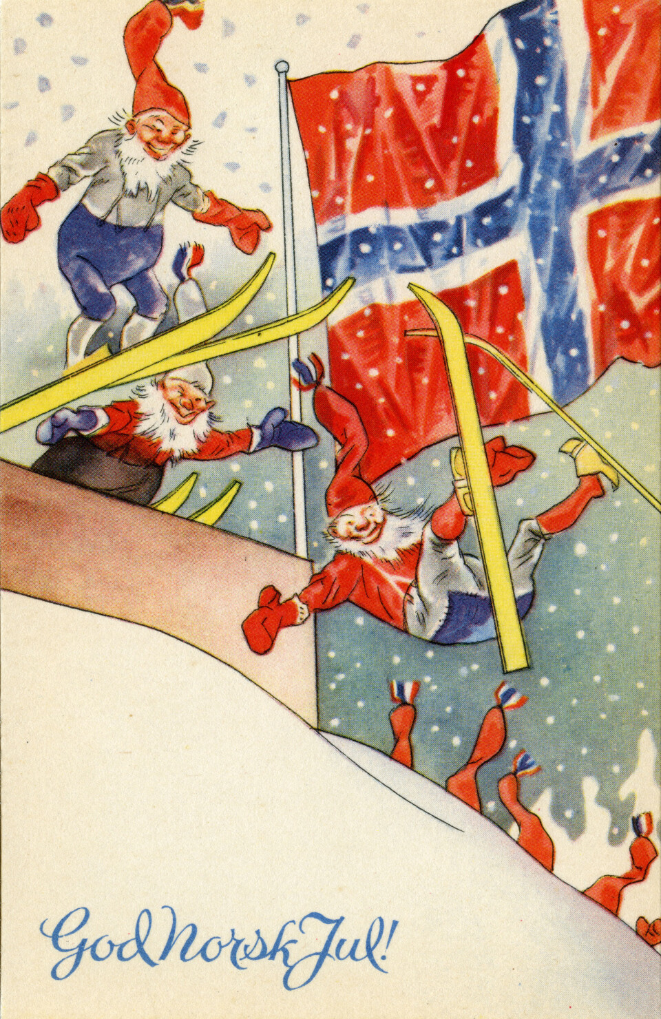Skihopp var den norske nasjonalsporten under andre verdenskrig. Dette julekortet var en del av en serie på ti julekort som ble illustrert av Frank Wathne i 1941. De ble umiddelbart forbudt.