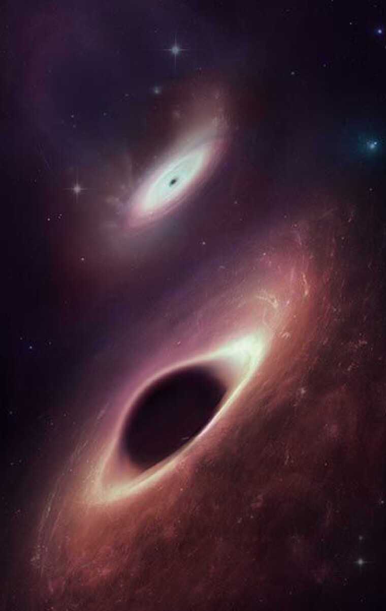 ILLUSTRASJONSBILDE: Dette bildet viser hvordan det kan se ut når to supermassive sorte hull kolliderer i to galakser som krasjer sammen. Disse sorte hullene finnes i midten av galaksen UGC 4211, og er ikke de samme som kanskje er målt i pulsar-forsøket.