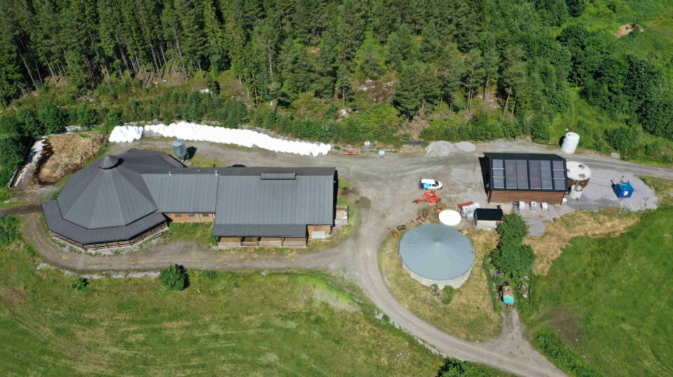 Til venstre er melkefjøset på Tingvoll gard. Herfra blir husdyrgjødsel pumpet over i biogassanlegget i tanken med hvitt tak lengst til høyre. Bioresten lagres i betongsiloen nederst på bildet før den blir spredt på jordene som gjødsel.