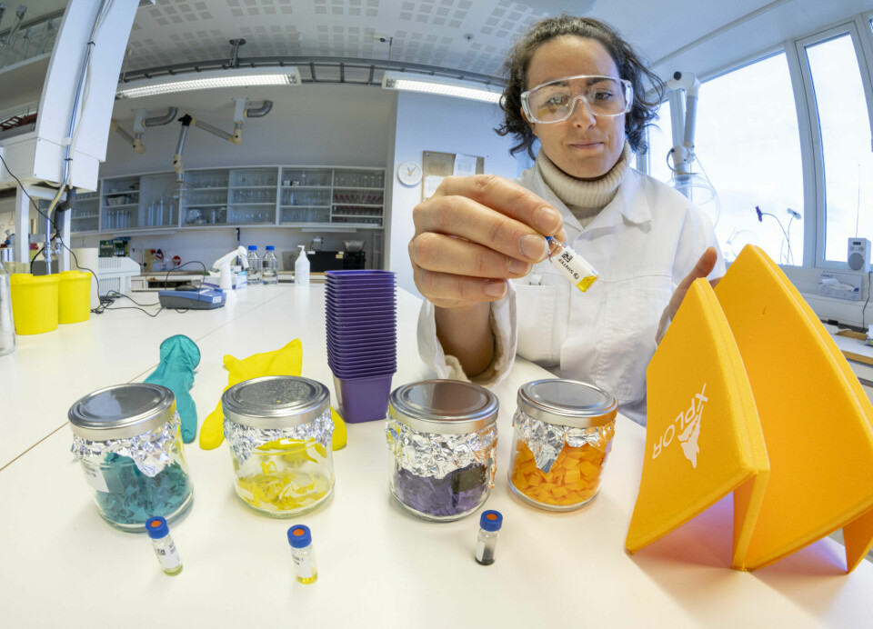 Research scientist Amaia Igartua at SINTEF Ocean pictured here working with some of the plastic materials investigated as part of the research project.