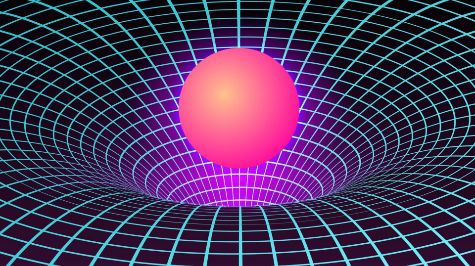 En veldig fargerik og upresis illustrasjon som skal gi et inntrykk av hvordan noe massivt (den rosa kula) deformerer romtiden (rutenettet), ifølge Einstein. Nede i gravitasjonsbrønnen er gravitasjonen sterkere.