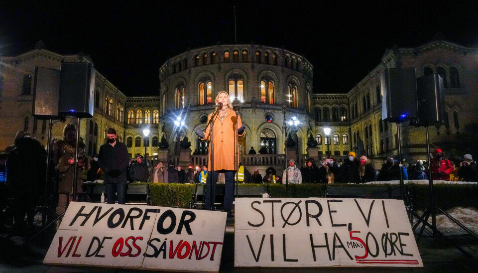 Sylvi Listhaug holdt appell under demonstrasjonen til gruppa «Vi som krever billigere strøm» utenfor Stortinget i januar 2022.