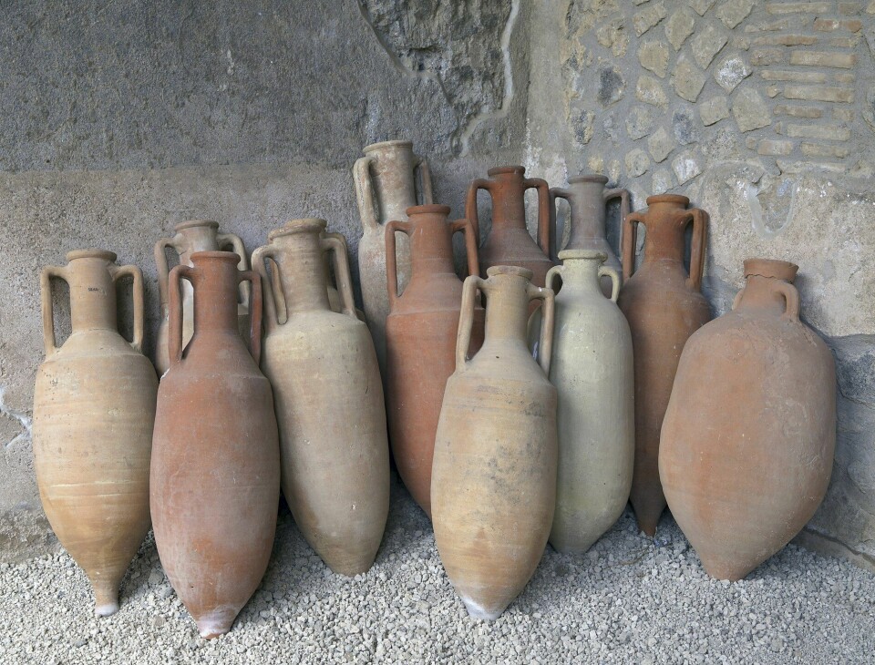 Etter at vinen var framstilt, kunne den lagres på amforaer, 'flasker' av leire. Disse er fra Pompeii.
