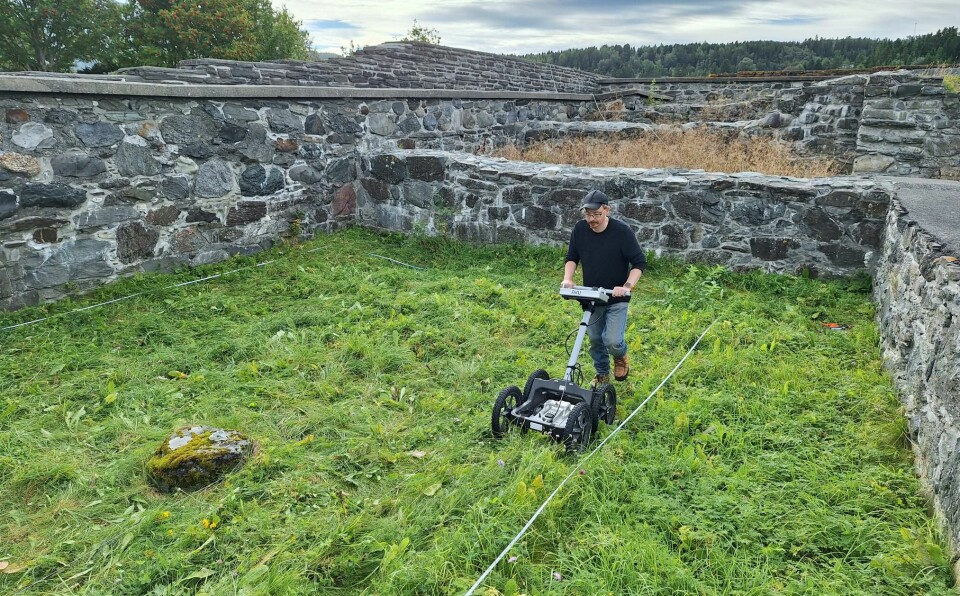 På Steinvikholmen i Stjørdal kommune har arkeologene funnet spor etter bygninger i slottets borggård. Her går Dag-Øyvind Engtrø Solem med georadar.