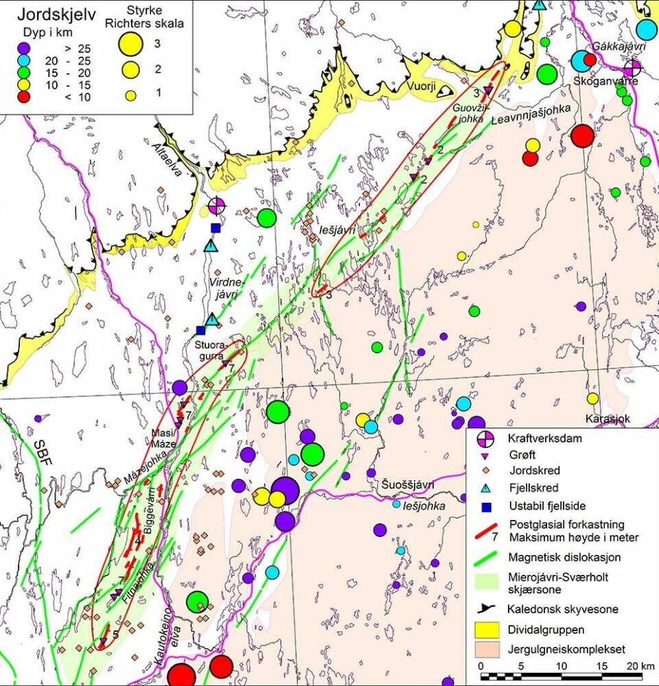 Forenklet berggrunnsgeologisk kart over Finnmarksvidda. De to forkastningssystemene, Máze i sør og Iešjávri i nord, er vist med rød farge.
