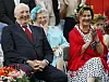 Kong Harald, dronning Sonja og prinsesse Astrid i hageselskap i Stiftsgården i Trondheim 23. juni 2016, under en markering av kongeparets 25 år på tronen.