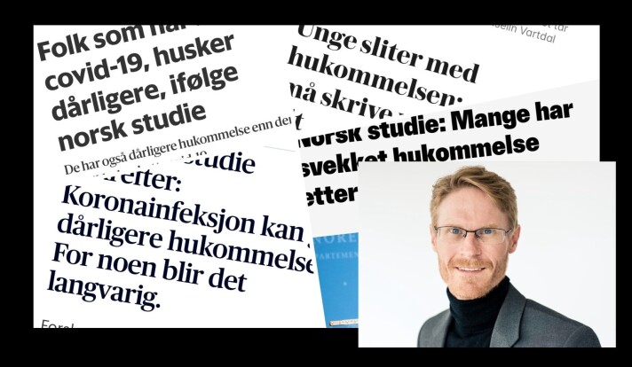 Flere medier skrev om nyheten fra den store koronastudien. Her er et bilde av statistikker Inge Christoffer Olsen lagt oppå skjermdumper av avisartikler.