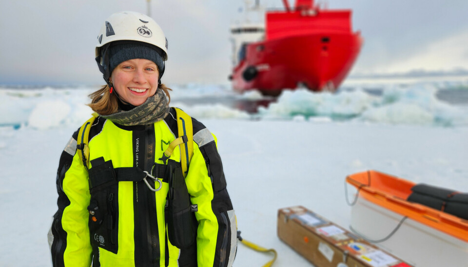 Megan Lenss på havisen utenfor kysten av Dronning Maud Land hvor Norsk Polarinstitutt studerer hvordan smeltevann fra isbreer i Antarktis påvirker det marine økosystemet.