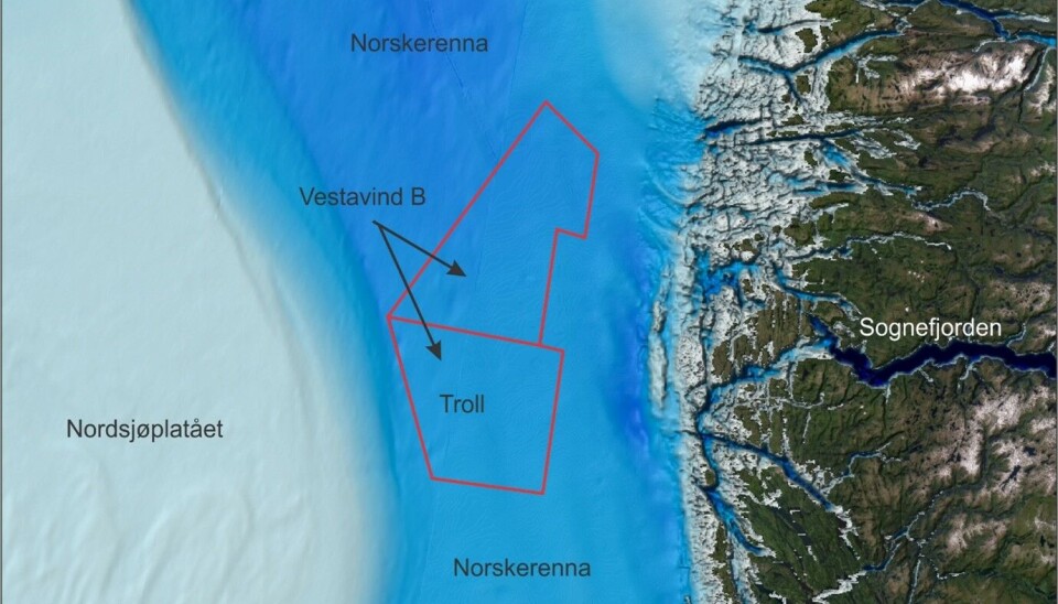 kart som viser sognefjorden havet som ligger til vest, norskerenna. Med røde streker som markerer Troll og Vestavind B