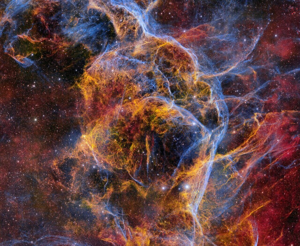 Enorme strukturer i verdensrommet som ligner tråder og nett av spindelvev i fargene rødt, blått og gult. Innimellom ligger stjerner som små lysende prikker.