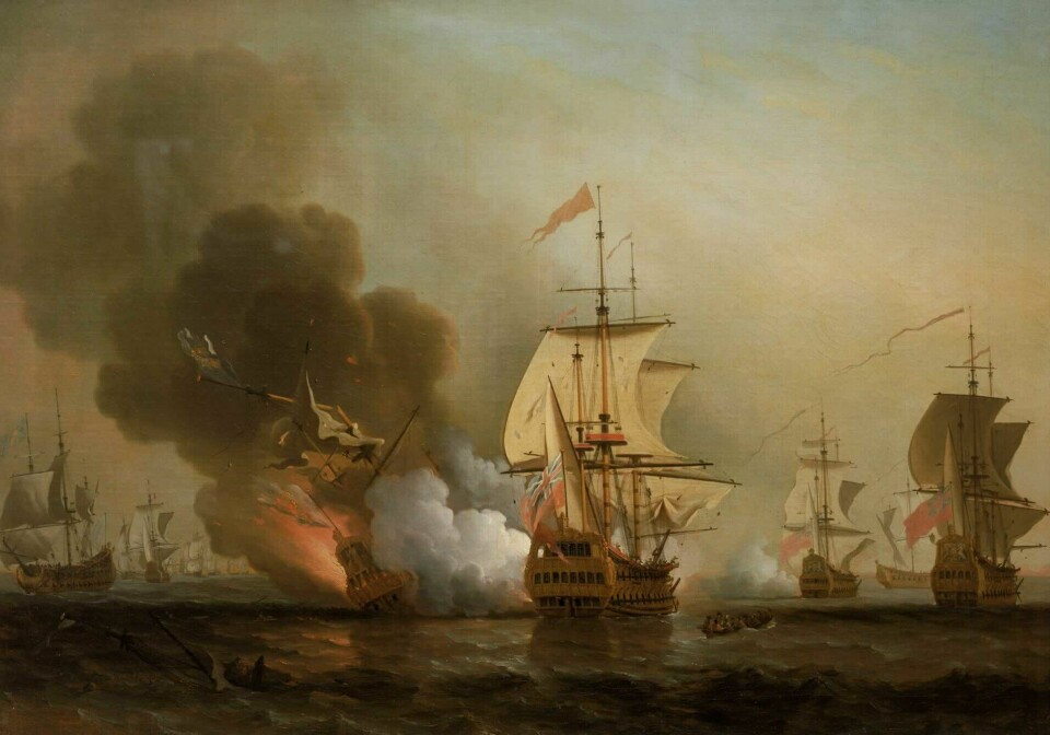 To skip fra 1708. Det ene skipet står i flammer.