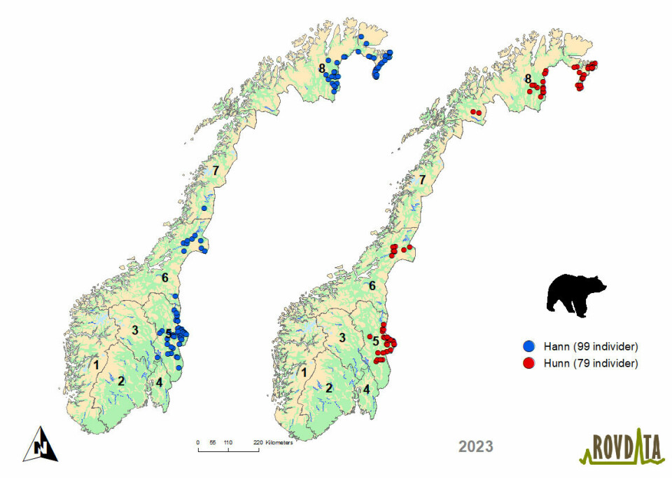 Kart som viser hvor det er observert bjørn i Norge.