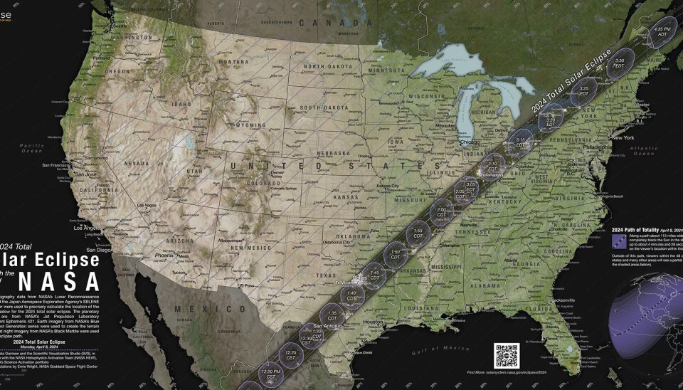 Den mørke stripen viser hvor solformørkelsen traff det nordamerikanske kontinentet. Kart over USA, Mexico og litt av Canada. En ganske smal stripe strekker seg fra Mexico og østover til Maine og Øst-Canada.