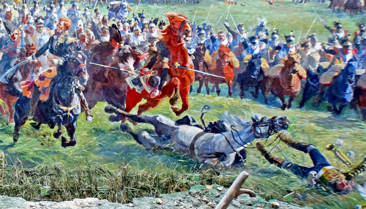 En detalj fra panoramamaleriet i det runde tårnet på Lions Mound ved slagmarken på Waterloo.