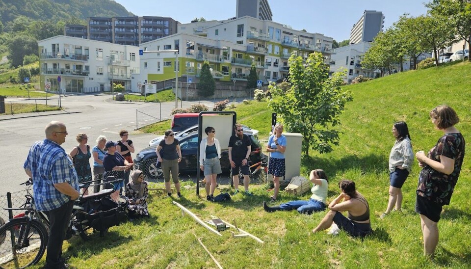 Tove Mostrøm fra Havråtunet gir innføring i bruk av ljå. Rundt 15 personer er samlet på en plen. I bakgrunnen er en vei og boligblokker.