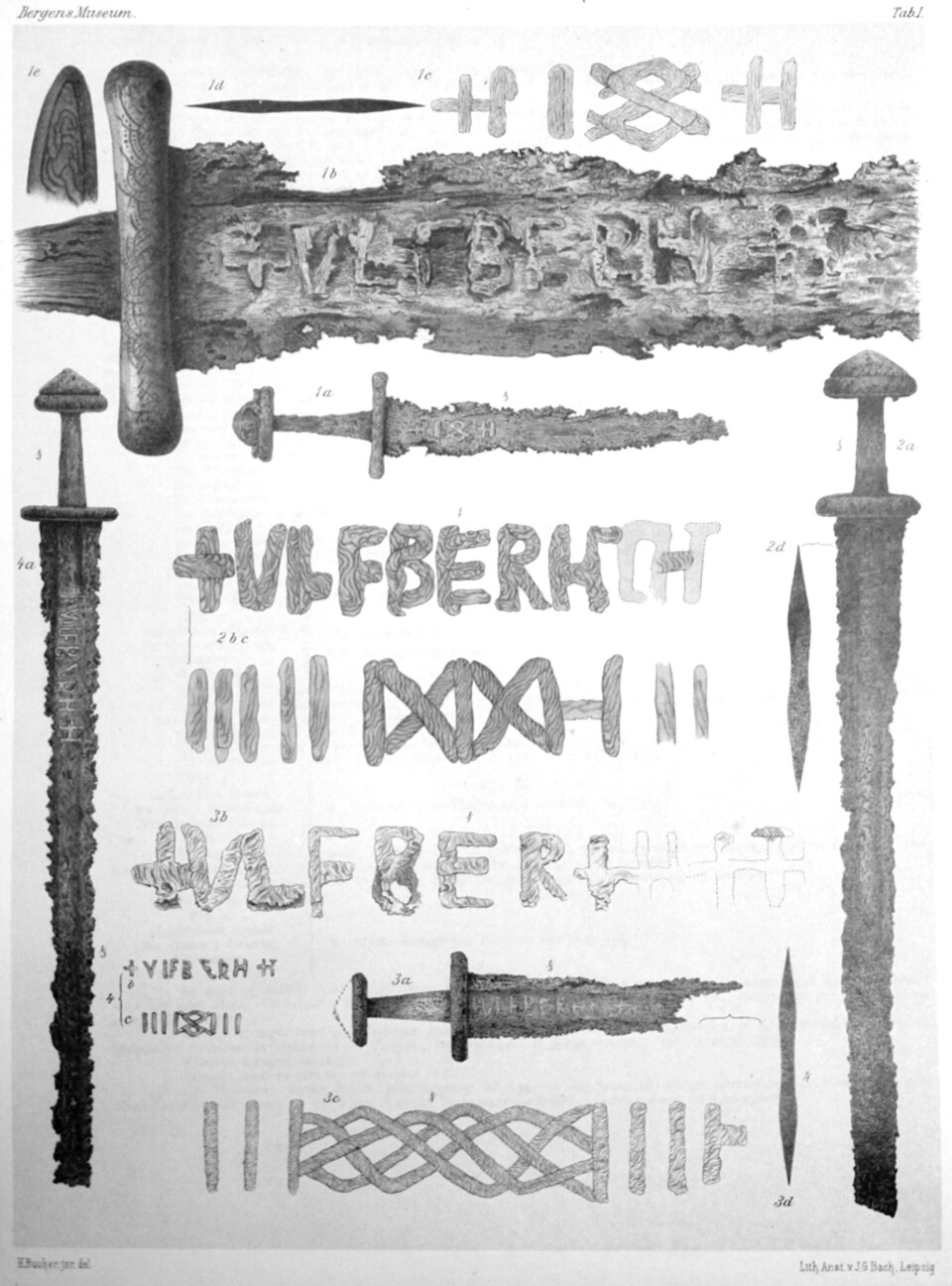Sverd med Ulfberth-inskripsjonen var utbredt i Europa i vikingtiden. Ulfberth er et frankisk personnavn. På sverdene kan det ha blitt brukt som en form for «varemerke». Anders Lorange lagde i 1889 denne flotte illustrasjonen som viser fire Ulfberth-sverd funnet i Norge.