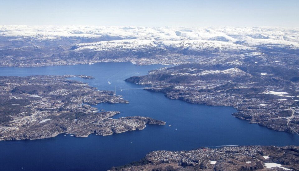Byfjorden utenfor Bergen sett fra fly