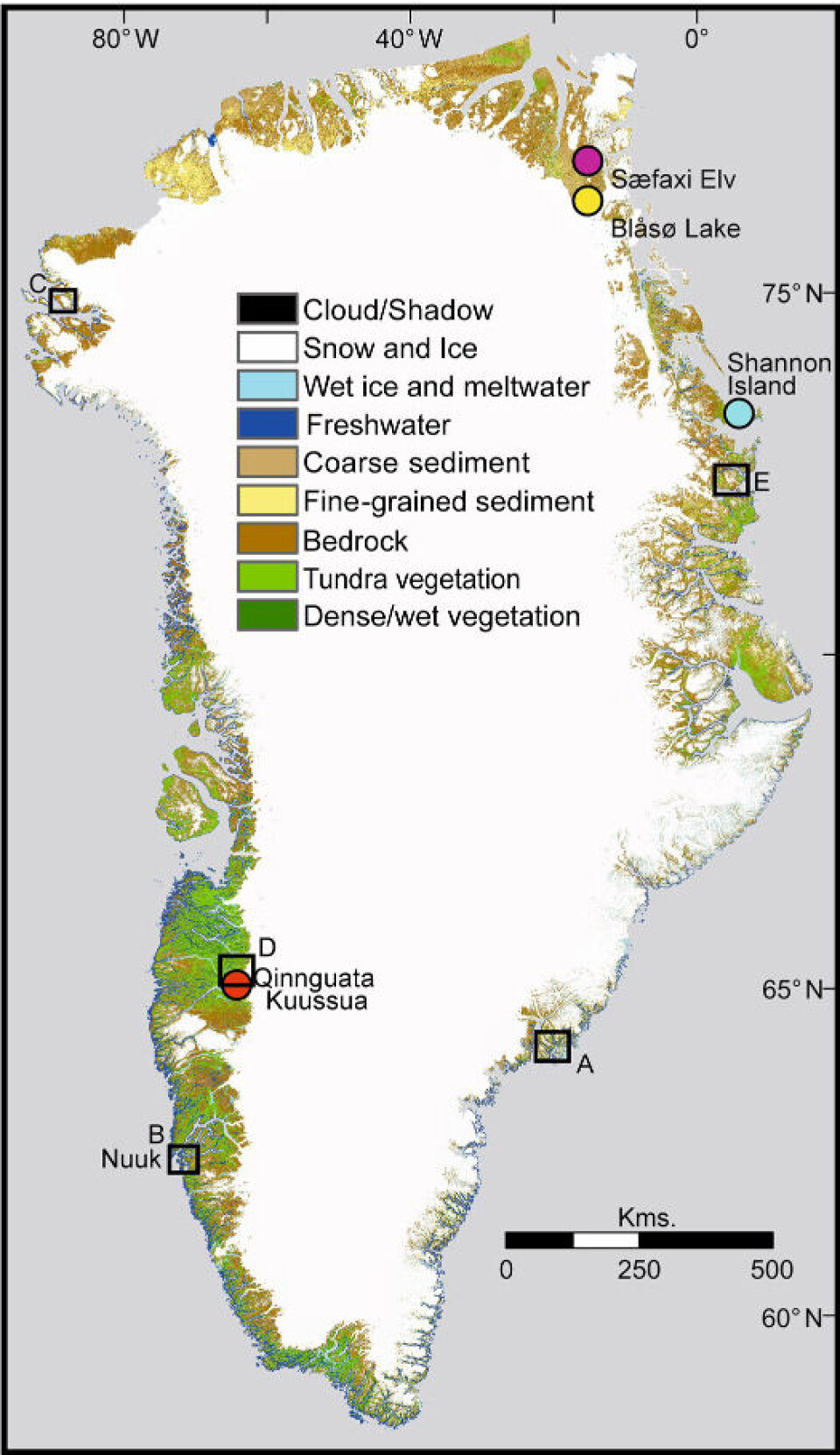 Kart over Grønland for 2010-tallet, basert på målinger fra satellitten Landsat-8. (Bilde: Grimes et al, 2024).