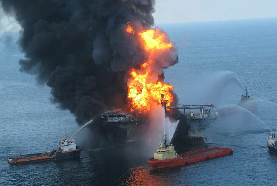 Platform supply vessels battle the blazing remnants of the off shore oil rig Deepwater Horizon. A US Coast Guard MH-65C dolphin rescue helicopter and crew documented the fire on the mobile offshore drilling unit Deepwater Horizon, while searching for survivors. Multiple Coast Guard helicopters, planes and cutters responded to rescue the Deepwater Horizon’s 126 person crew.