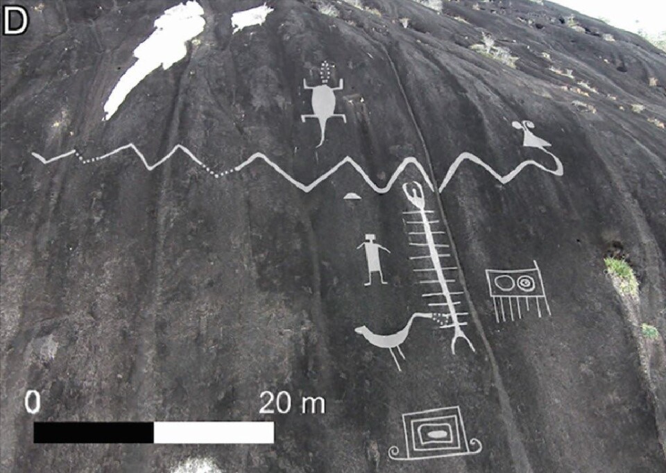 Dette er en fjellvegg ved Orinoco-elven. Disse figurene er svært store - slangen i midten av bildet er over 40 meter lang.