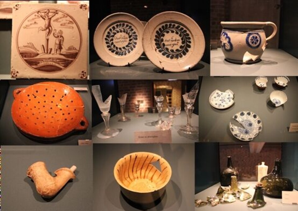 Et utvalg dagligdagse gjenstander som forteller om livet i en 1700-talls husholdning, utstilt i Museet i Erkebispegården i Trondheim. Slike utgravde etterreformatoriske gjenstander har ingen formelt vern og blir vanligvis kassert.