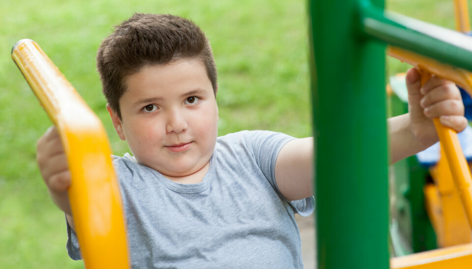 Nærbilde av overvektig gutt på fem-seks år på et lekeapparat.