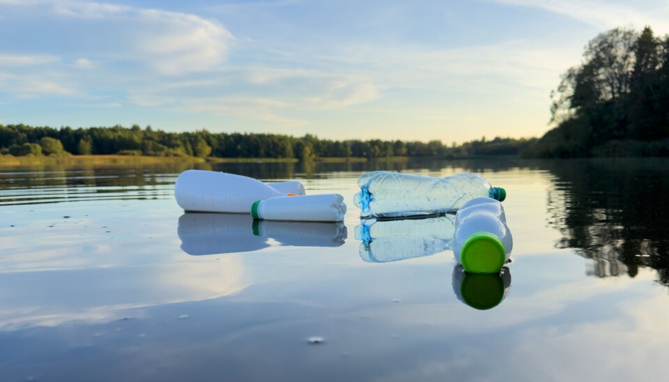 Det er 35 prosent mindre plast i norske elver siden forrige kartlegging. Fire plastflasker som flyter på vannet. Skog i bakgrunnen.