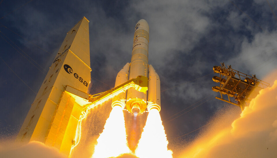 Europas nye bærerakett Ariane 6 tar av fra startrampen på sin første ferd. (Bilde: ESA)